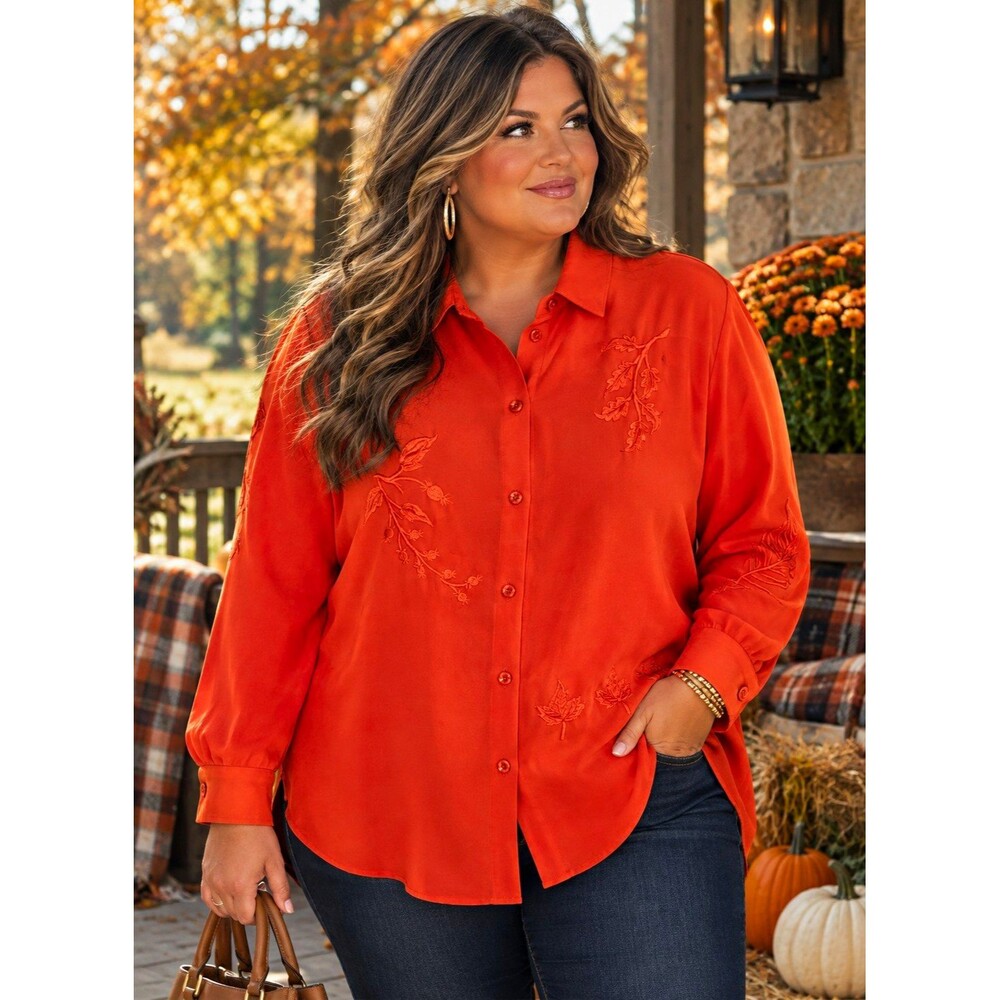 I.B. Diffusion Women's Vintage Orange Embroidered Long Sleeve Button-Up Size 16